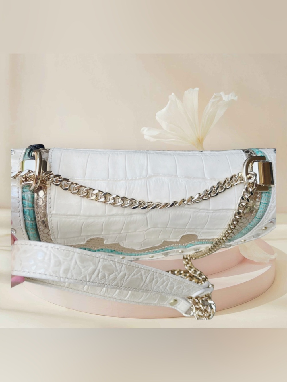 Brahmin NWT Leather Cream Croc-Embossed Convertible Bag w Teal & Brown Accents - Picture 9 of 15